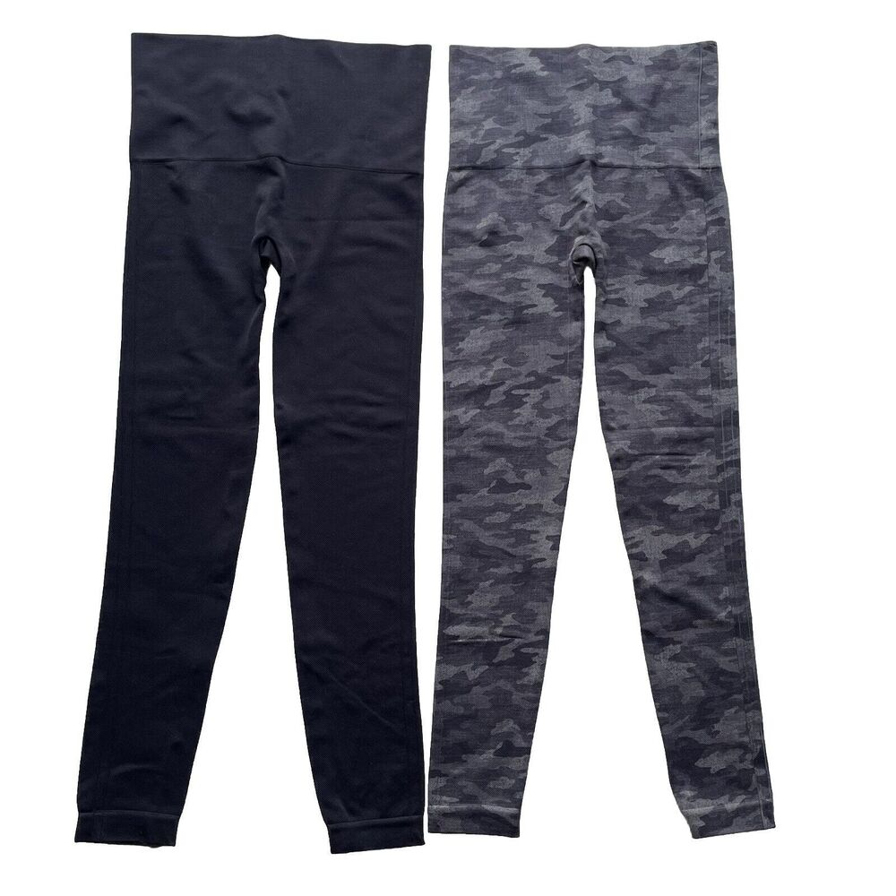 Spanx Look At Me Now Seamless Leggings High Waist Stretch Black Gray Camo Size M